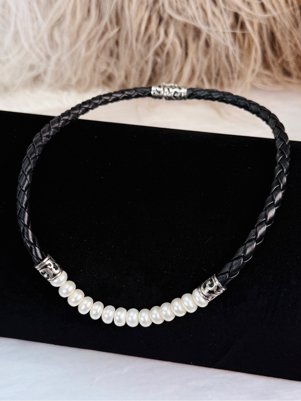 Braided Black Leather Freshwater Pearl Choker Necklace Silver Tone Artisan Boho